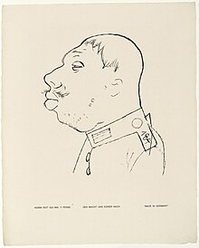 Made in Germany (Den macht uns keiner nach
), by George Grosz, drawn in pen 1919, photo-lithograph published 1920 in the portfolio God with us (Gott mit Uns
). Sheet 48.3 x 39.1 cm. In the collection of the MoMA, New York. Made in Germany by George Grosz 1920.jpg