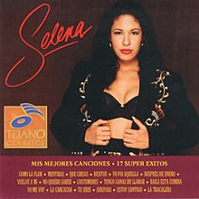 Album cover for "Mis Mejores Canciones – 17 Super Éxitos" by Selena. Features a portrait of the singer in her bustier against a dark red background with the album title and track listing in an orange hue against a lighter red background on the bottom of the artwork.