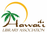 Logo featuring a yellow arc of a sun, a palm tree made from the H in Hawaii and the caption "Hawaii library association"