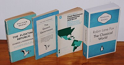 Four Pelican book covers, showing the gradual shift in the design. From left - 1937 (three bands), 1955 (grid), 1969 (illustrated), and 2007 (a "Penguin Celebrations" throwback edition) Pelican book covers.jpg