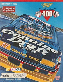 The 1990 Miller Genuine Draft 400 program cover, featuring Rusty Wallace. Artwork by NASCAR artist Sam Bass.