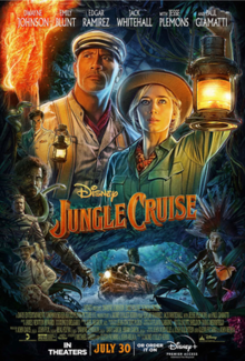 Skipper Frank holding a flaming torch and Dr. Lily holding a lantern as they explore the dark jungle. Below them is a small boat traveling on the dangerous white water of the Amazon as different characters appear on the sides of the poster.