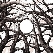 A ring of leave-less trees against a white background with their branches cross with each other, leaving a small circle in the centre.