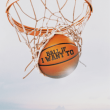 An image of a basketball going through a hoop, with the song title inscribed on the ball.