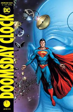 Супермен, стоящий перед лицом доктора Манхэттена, распадающийся на части часов