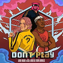 Cartoon illustrations of Anne-Marie, KSI and Digital Farm Animals, dressed in sportswear, in the centre of a red background. The title "Don't Play" appears in large font at the bottom, with the three artists' names in small white font below.