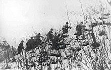 Группа солдат поднимается на заснеженный холм