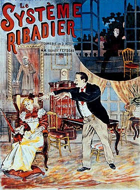 Theatre poster showing woman in trance in armchair and man making hypnotising gestures at her