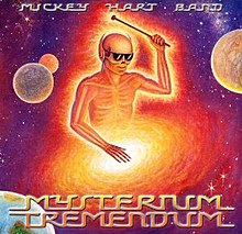 A skeletal figure, wearing sunglasses and headphones, playing the drums in outer space