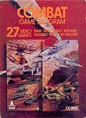 Cover art for Atari's games, such as this cover for Combat illustrated by Cliff Spohn, were aimed to capture the player's imagination and obviate the low fidelity of game graphics. Combatatarigamepack.jpg