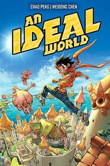 The cover of An Ideal World, showing the main character A You and his friends from Abi Port jumping from a rooftop above Abi Port