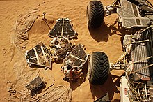 Screenshot from The Martian, depicting the protagonist Mark Watney with Pathfinder lander and Sojourner rover. The Martian scene with Mars Pathfinder.jpg