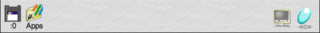 Screenshot of the icon bar under RISC OS 5 showing the following: Left portion, from left – Discs (in this case a single USB flash drive via SCSIFS), Apps folder (Resources:$.Apps), Right portion, from right – Task Manager, Display Manager