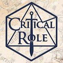 The Critical Role logo in a dark blue-gray color. Horizontal and central is the text "Critical Role"; vertical and central is the silhouette of a sword, which bisects the text element, replacinh the letter 'T' in the word 'critical', and passing through the letter 'O' of 'role'. Surrounding the text is the outline of a twenty sided die, on a hand-drawn antique map background.