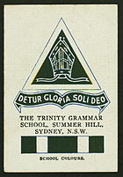 Collectable Cigarette card featuring the Trinity colours and crest, c. 1920s Trinitycigarettecard.jpg