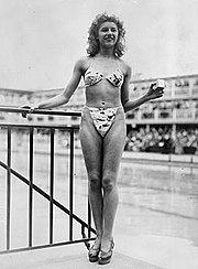 Micheline Bernardini modeling one of the first modern bikinis.