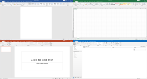 Ve směru hodinových ručiček zleva nahoře: Word, Excel, Outlook a PowerPoint