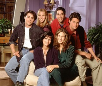 Friends in first season. Front: Cox, Aniston. Back: LeBlanc, Kudrow, Schwimmer, Perry. Friends season one cast.jpg