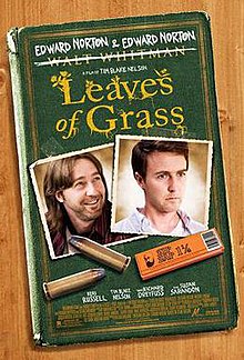 A green book cover, the name of the author Walt Whitman has a line through it, with "Edward Norton & Edward Norton" writing above instead. The cover includes Polaroid photographs of two men who look very alike, although one has a beard and long hair and the other is clean shaven. Below the photographs are bullets and a packet of cigarette rolling papers.
