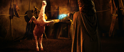 A little man in a hooded cloak with his back to the camera holds a lightening wand toward a two-legged animal that appears to be part goat and part ostrich.