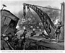 Depiction of Illinois National Guardsmen firing at striking workers on July 7, 1894, the day of greatest violence. 940707-gwpeters-nationalguardfiring-harpers-940721.jpg