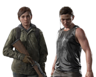 Gameplay screenshot of a young adult woman with brown hair. She has some snow on her and is wearing a hooded jacket and backpack and holding a rifle. Next to her is a woman in her early 20s with brown hair. She is wet and is wearing a grey sleeveless shirt.