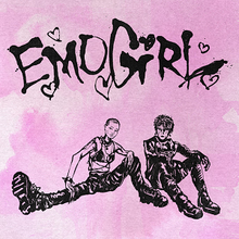 Cover art depicting an illustration of Machine Gun Kelly (right) and Willow (left) seated against a pink watercolor background with the title written above them with hearts around it