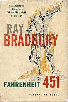 This original cover shows a drawing of a man, who appears to be made of newspaper and is engulfed in flames, standing on top of some books. His right arm is down and holding what appears to be a fireman's hat made of paper while his left arm is as if wiping sweat from the brow of his bowed head. The title and author's name appear in large text over the images and there is a small caption in the upper left-hand corner that reads, "Wonderful stories by the author of The Golden Apples of the Sun".