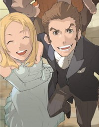 A blonde woman in a light blue dress and a brown-haired man in a black suit stand side-by-side and smile.