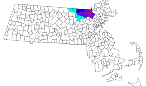 Красный представляет город Лоуэлл, темно-синий представляет область Большого Лоуэлла, светло-синий представляет город Новой Англии и район города Лоуэлл-Биллерика-Челмсфорд, фиолетовый представляет оба.