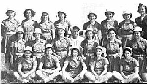 1948 Springfield Sallies
Front row, L-R: Zonia Vialat, Virginia Bell, Margaret Murray, Doris Neal, Ruby Stephens. Second row, L-R: Shirley Stovroff, Jane Stoll, Patricia Scott, Carson Bigbee (manager), Margaret Wenzell, Evelyn Wawryshyn, Julie Gutz. Back row, L-R: Mildred Meacham, June Schofield, Esther Hershey, Erma Bergmann, Doris Barr, Barbara Barbaze, Jean Marlowe, Mary Rudis (chaperone). 1948 Springfield Sallies.jpeg