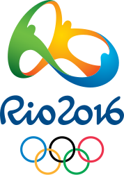 A green, gold and blue coloured design, featuring three people joining hands in a circular formation, sits above the words "Rio 2016", written in a stylistic font. The Olympic rings are placed underneath.