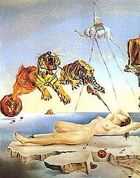 On Dream Caused by the Flight of a Bee around a Pomegranate a Second Before Awakening (1944) Dalí said, "the noise of the bee here causes the sting of the dart that will wake Gala"
