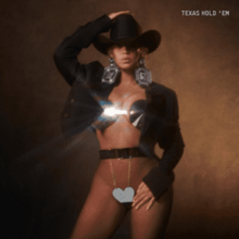 Beyoncé in front of a brown background, wearing a cowboy hat, large earrings, and a black jacket on top of a bikini