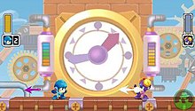 A rectangular video game screenshot that depicts a blue character sprite facing a purple character sprite in front of a large clock.