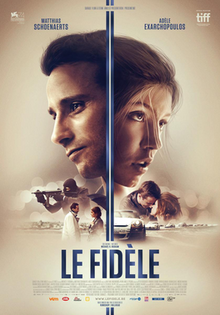 A man looks to the left, beneath him is a masked man holding a machine gun. A line vertically divides the poster. A woman is looking right, beneath her a line of race cards
