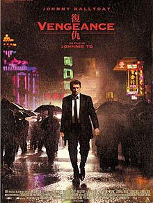 Several neon lights and buildings are seen in the background of a rainy setting. A man walks on a street, wielding a handgun in his right hand. Passersby are seen in the background behind the man, walking in different directions and holding umbrellas. The top of the poster lists the Festival de Cannes logo, the film's lead actor, the title in both English and Chinese, and the film's director; the bottom right of the poster lists the production credits.