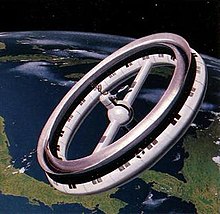 An illustration of Wernher von Braun's rotating space station concept Von braun station 2.jpg