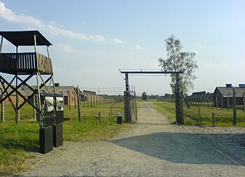 Entrance to Birkenau, 2006. Guard tower, two i...