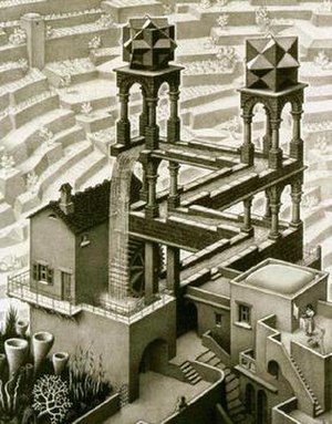 Polyhedrons and impossible constructions in Escher's "Waterfall" (Photo credit: Wikipedia)