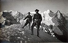 Peter Kaufmann (left) with client on the summit of the Wetterhorn (ca. 1906). Photo courtesy E. Kaufmann, Grindelwald.