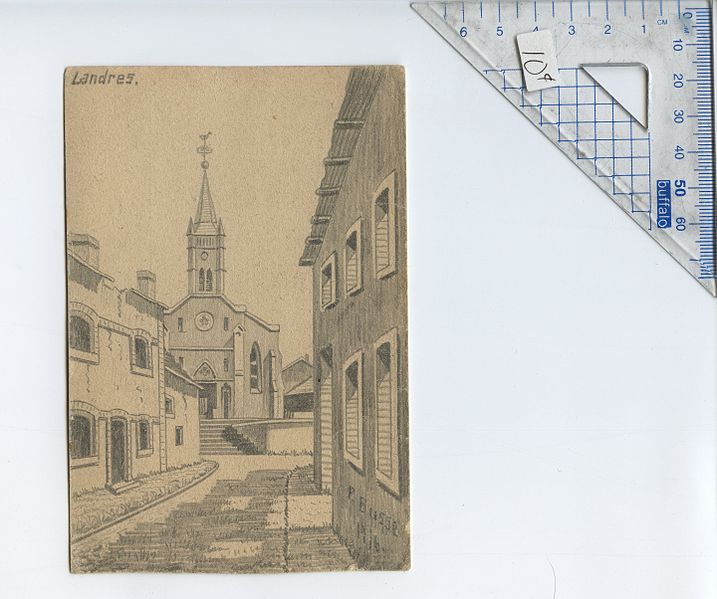 File:Landres - 1916.pencil-sketch art postcard.signed P. Busse.1916.Wittig collection.item 58.obverse.scan.01.jpg