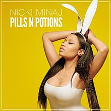 Cover art for "Pills n Potions": Minaj in front of a yellow background, wearing bunny ears