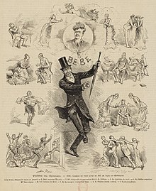 alt=Black and white drawings of stage production: the main image is a man in top hat and morning coat dancing and brandishing a furled umbrella