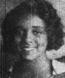 Wezlynn Tildon, from a 1934 newspaper photo; a smiling Black teenaged girl, wearing a dress with a large white bow on the front