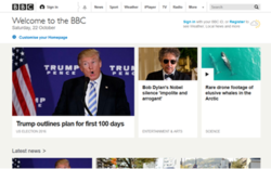 The BBC Online homepage in October 2016 BBC Online partial screenshot 2016.png