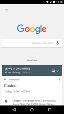 The Google app, featuring Now cards and voice commands