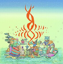 A colorful cartoon of anthropomorphic animals seated around a table with a flame appearing in the center