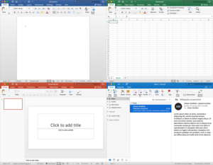 Microsoft Office 2016 for Mac apps from top left to bottom right: Word, Excel, PowerPoint and Outlook