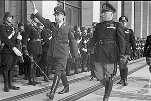 Croatia's dictator Ante Pavelic (left) with Mussolini in 1941; Independent State of Croatia (not to be confused with the present-day Republic of Croatia) was a new Axis state Mussolini and Pavelic 1941.jpg